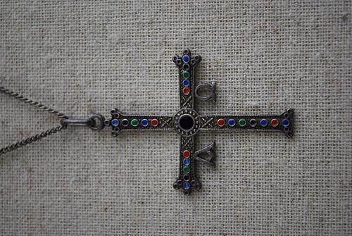 Vintage Alpha Omega Sterling Silver Enameled Cross Pendant Necklace