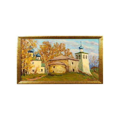 Yuri Kuzmichev (Russian, 20th c.) Oil Painting on Board, Church