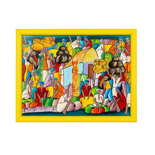 E. Laurent Fils Casimir (Haitian, 1928-1990) Oil on Board Painting, Market