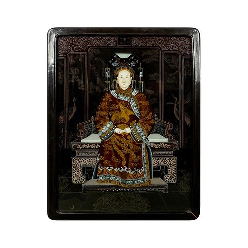 Chinese Reverse Painting on Glass, Empress Seated on Throne