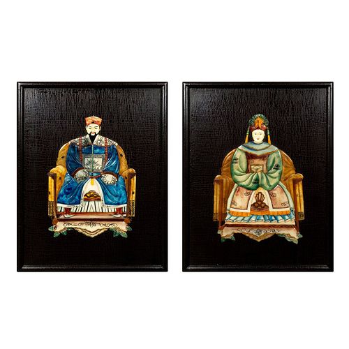 Pair of Chinese Emperor and Empress Colored Resin on Board