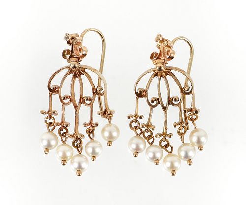 14K Pearl Cutwork Chandelier Earrings