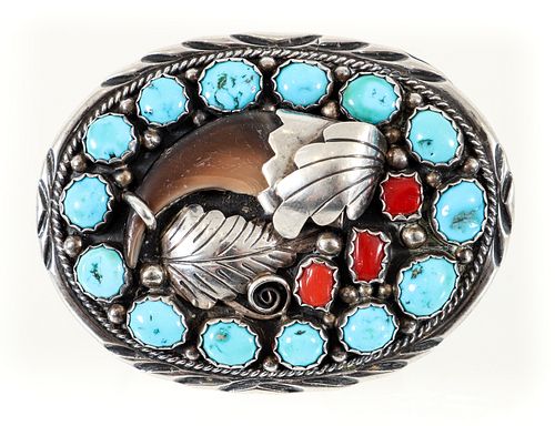 Navajo Silver Turquoise Coral  Belt Buckle