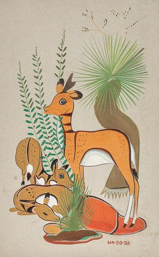 Narciso Abeyta Ha-So-De Deer with Fawns Gouache