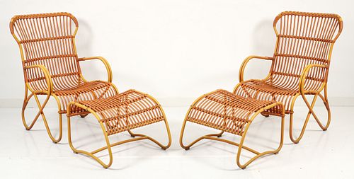Pair of Outdoor Faux Rattan Patio Chairs and Ottomans