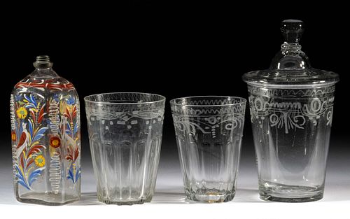 ASSORTED GERMAN / BOHEMIAN DECORATED GLASS ARTICLES, LOT OF FOUR