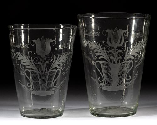 GERMAN / BOHEMIAN FREE-BLOWN AND ENGRAVED FLIP GLASSES, LOT OF TWO