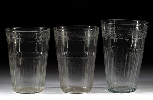 GERMAN / BOHEMIAN PATTERN-MOLDED AND ENGRAVED FLIP GLASSES, LOT OF THREE