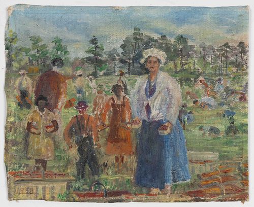 VIRGINIA (20TH CENTURY) FOLK ART PAINTING OF STRAWBERRY PICKERS
