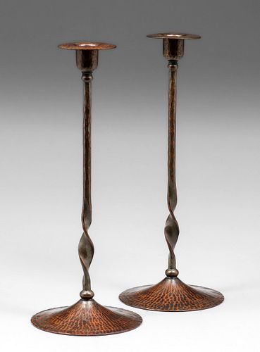 Tall Roycroft Hammered Copper Candlesticks c1920s