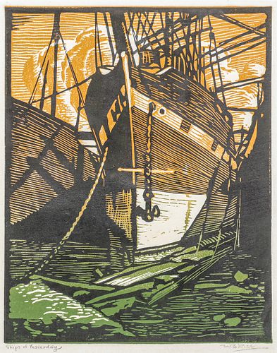 William Rice Color Woodcut "Ships of Yesterday" c1926