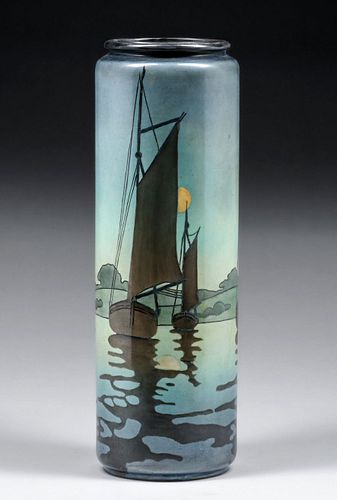 American Arts & Crafts Hand-Decorated Belleeck Moonlit Sailboat Porcelain Vase c1910