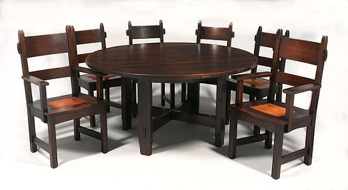 Early Gustav Stickley 60"d Table & Six #1291 Rabbit-Ear Chairs c1901