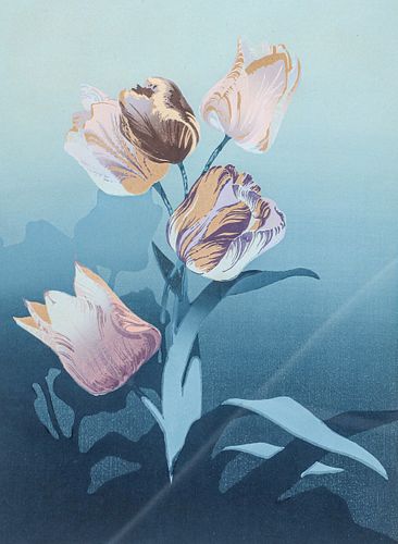 Oscar Droege Color Woodcut "Tulips" c1920s