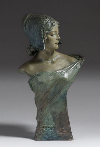 Friedrich Goldscheider Art Nouveau Female Dutch Polychrome Terracotta Bust c1900