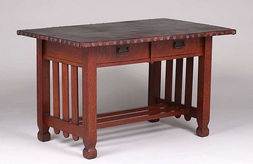 Stickley Brothers Two-Drawer Leather-Top Library Table c1910