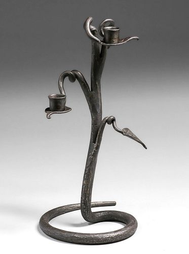 Arts & Crafts Period Hand-Forged Iron Snake-Form Double Candlestick c1920s