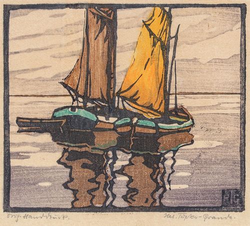Helen Tupke-Grande Color Woodcut Sailboats c1920s