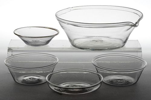 FREE-BLOWN GLASS BOWLS / PANS, LOT OF FIVE