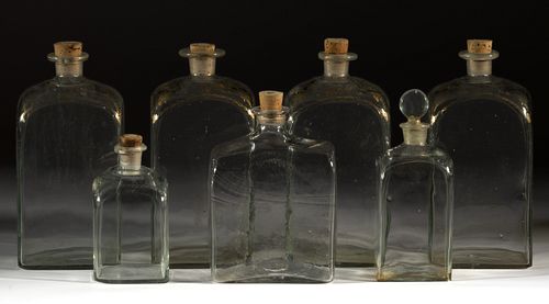 ASSORTED BLOWN RECTANGULAR / SQUARE GLASS DECANTERS, LOT OF SEVEN
