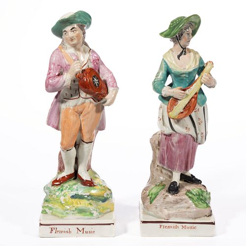 STAFFORDSHIRE HAND-PAINTED PEARLWARE MUSICIAN PAIR OF FIGURES