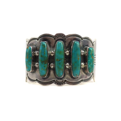Wallace Yazzie, Jr. - Navajo - Royston Turquoise and Silver Bracelet c. 1980s, size 7 (J15738-030)