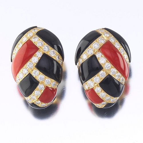 Charles Turi Onyx, Coral, and Diamond Clip-On Earrings 