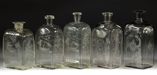 HALF-POST BLOWN AND ENGRAVED CASE BOTTLES, LOT OF FIVE