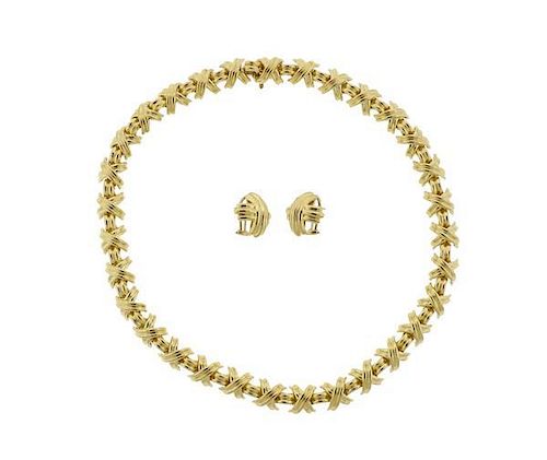 Tiffany &amp; Co 18K Gold Signature X Necklace Earrings Set