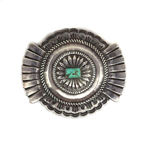Navajo - Turquoise and Silver Belt Buckle c. 1940-60s, 3.5" x 4" (J15738-033)