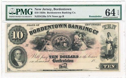 1850s $10 Borderntown Banking Co. Bank Note PMG Ch. UNC 64