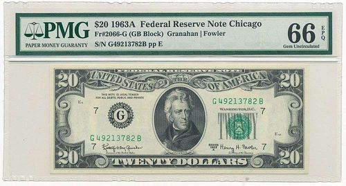 1963A $20 Federal Reserve Note Chicago Fr#2066-G PMG Gem Unc66