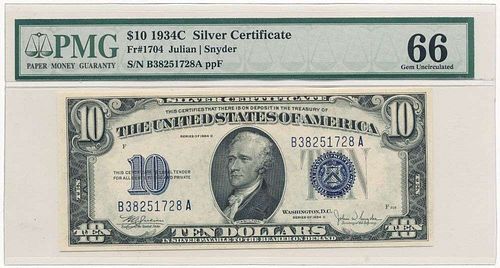 1934C $10 Silver Certificate Fr#1704 PMG Gem Unc66