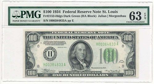 1934 $100 Federal Reserve Note St. Louis Fr#2152 PMG Ch. Unc63