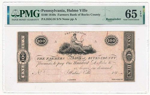 1810s $100 Farmers Bank of Bucks County PMG Gem Unc65