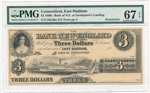 1860s $3 Bank of N.E. at Goodspeeds Landing PMG Superb Gem Unc67