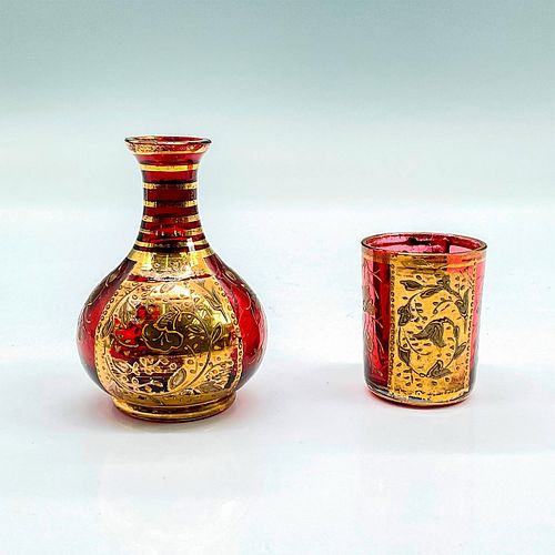 Bohemian Cranberry Glass Miniature Vase and Cup