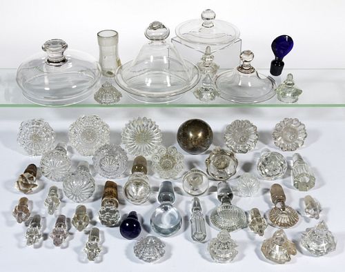 ASSORTED GLASS STOPPERS AND COVERS, UNCOUNTED LOT