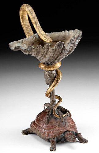 Fine 19th C. French Gilt Bronze Turtle w/ Snake Lamp