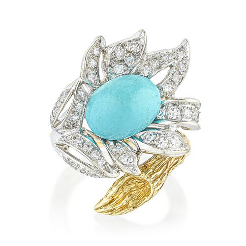 Turquoise and Diamond Floral Motif Ring