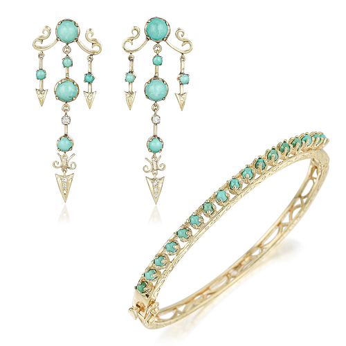 Turquoise and Diamond Earrings and Turquoise Bangle Set