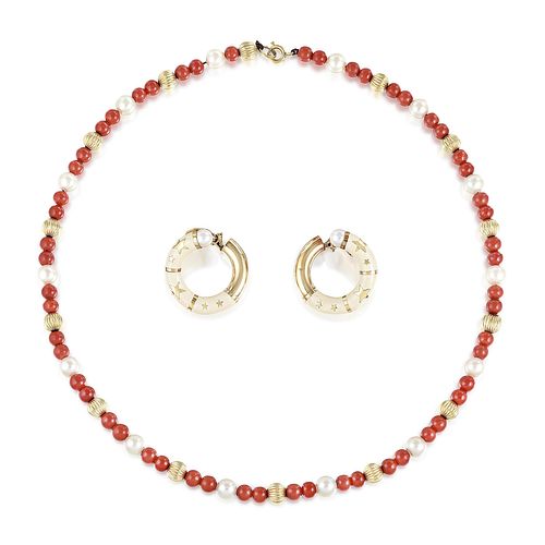 Coral/Pearl Bead Necklace, Enamel and Pearl Hoops