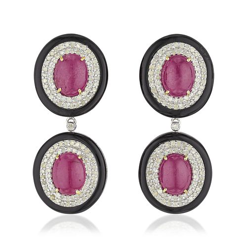 Ruby Onyx and Diamond Earrings, GIA Certified