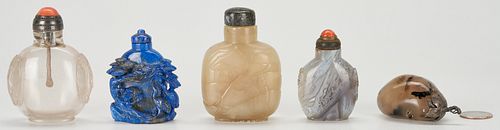 5 Carved Asian Snuff Bottles, incl. Lapis, Rock Quartz, Hardstone, Agate