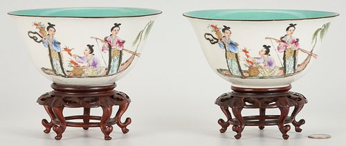 Pr. Chinese Porcelain Bowls with Turquoise Glaze and Figural Decoration