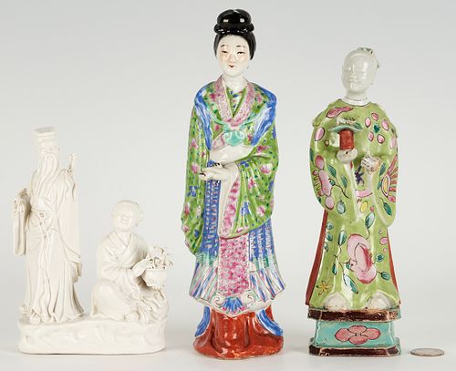 3 Chinese Porcelain Figures, Polychrome and Blanc De Chine 
