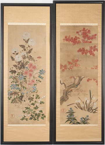 Pair of Framed Japanese Scroll Paintings, Summer and Spring 