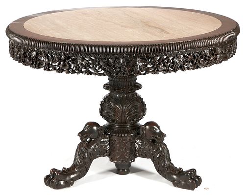 19th C. Figural Carved Center Table with Marble Top, Dogs, Birdcage  