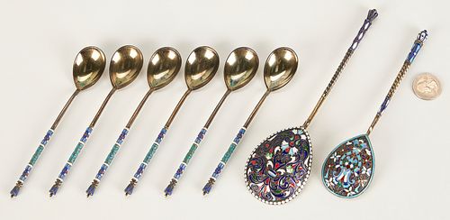 8 Russian Enameled Silver Gilt Spoons