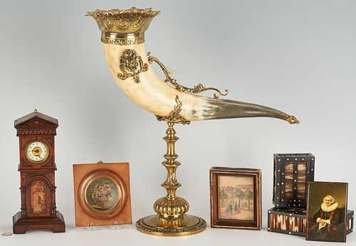 7 Items: Gilt Mounted Horn, Portrait Miniature, Quill Boxes